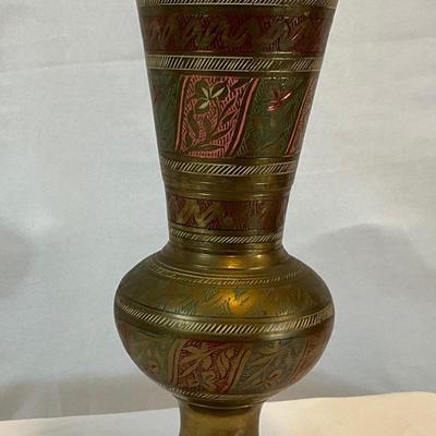 Vintage India floral colored engraved brass vase 9in