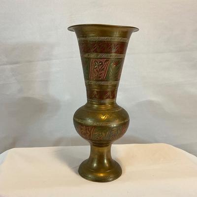 Vintage India floral colored engraved brass vase 9in