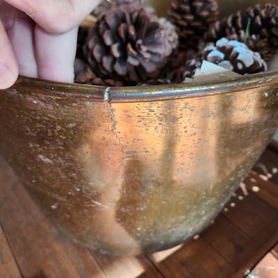 Large Metal Brass Kettle Cauldron Includes Pine cones
