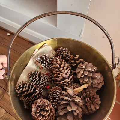 Large Metal Brass Kettle Cauldron Includes Pine cones