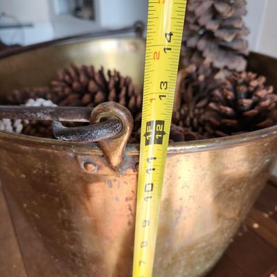 Large Metal Brass Kettle Cauldron Includes Pine cones