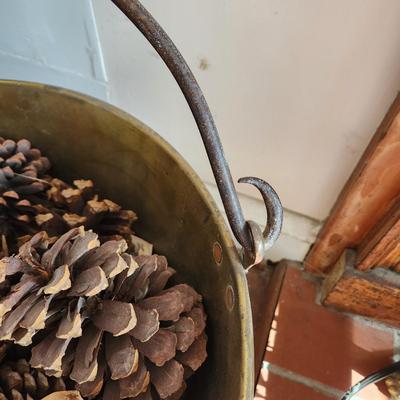 Large Metal Brass Kettle Cauldron Includes Pine cones