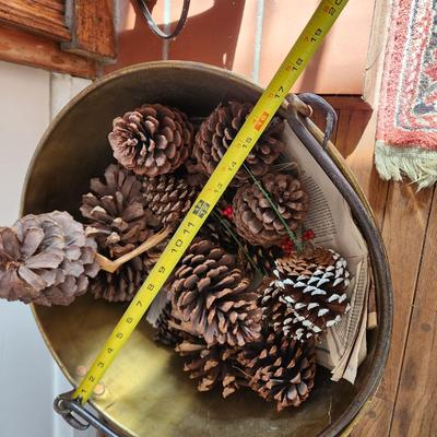 Large Metal Brass Kettle Cauldron Includes Pine cones