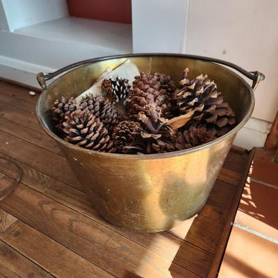 Large Metal Brass Kettle Cauldron Includes Pine cones