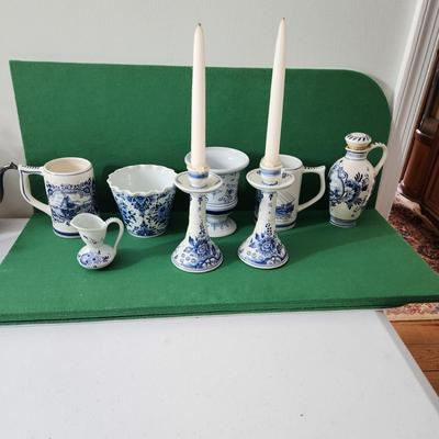 Large Lot of Delft Blue Holland Candle Holder Cups Pitcher Vases Bowl