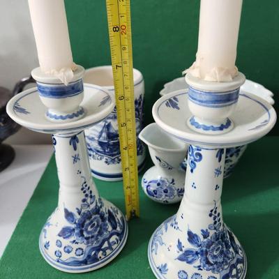 Large Lot of Delft Blue Holland Candle Holder Cups Pitcher Vases Bowl