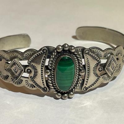 Vintage Native American Sterling Silver Malachite Cuff Bracelet in Good Condition as Pictured. (For a Smaller Size Wrist 6.5").