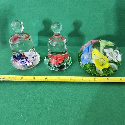 3 Vintage Joe St. Clair Art Glass Flowers Bells & Paperweight