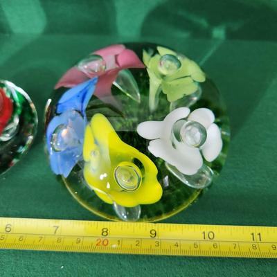 3 Vintage Joe St. Clair Art Glass Flowers Bells & Paperweight