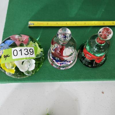 3 Vintage Joe St. Clair Art Glass Flowers Bells & Paperweight