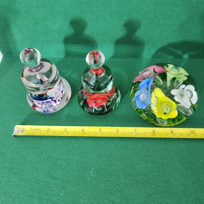 3 Vintage Joe St. Clair Art Glass Flowers Bells & Paperweight