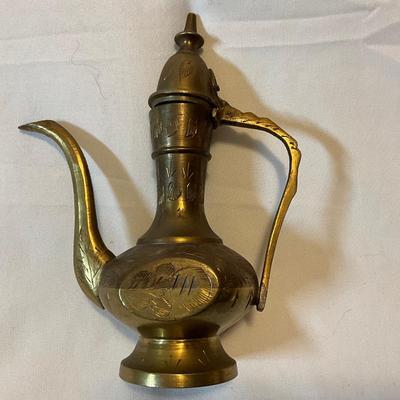 Vintage India brass hand etched genie oil pitcher with lid pair