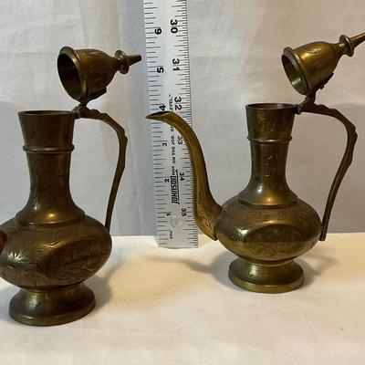 Vintage India brass hand etched genie oil pitcher with lid pair