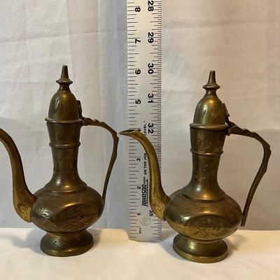 Vintage India brass hand etched genie oil pitcher with lid pair