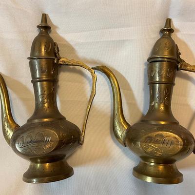Vintage India brass hand etched genie oil pitcher with lid pair