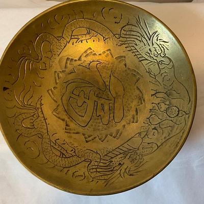 Vintage Chinese brass double dragon bowl