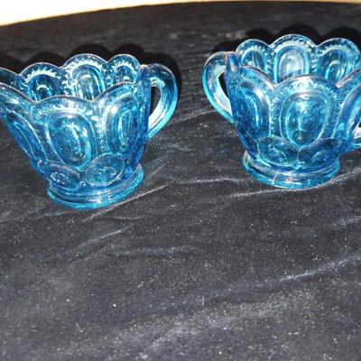 TEAL BLUE FOSTORIA ART GLASS AND MOON AND STARS CREAM/SUGAR