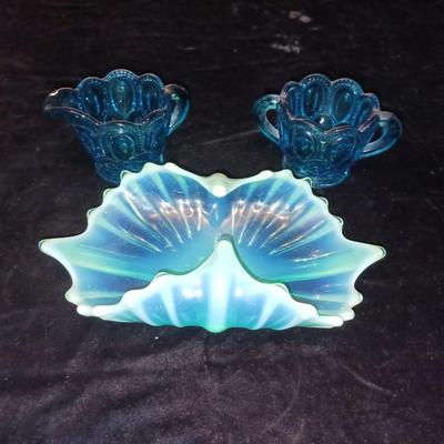 TEAL BLUE FOSTORIA ART GLASS AND MOON AND STARS CREAM/SUGAR