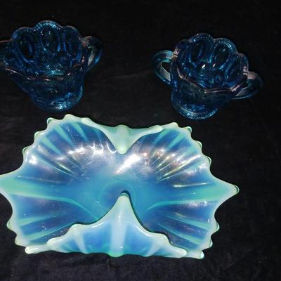 TEAL BLUE FOSTORIA ART GLASS AND MOON AND STARS CREAM/SUGAR