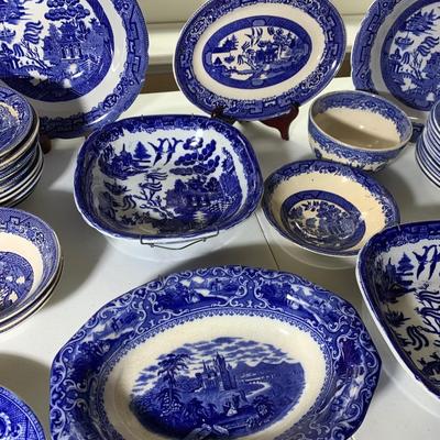 HUGE LOT - Vintage Flow Blue Serving Bowls & Casserole Dishes