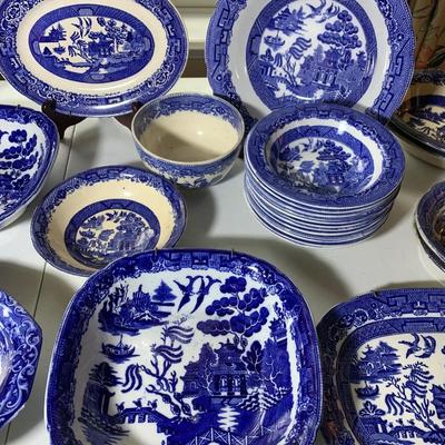 HUGE LOT - Vintage Flow Blue Serving Bowls & Casserole Dishes