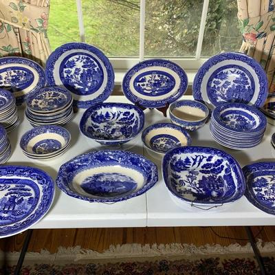 HUGE LOT - Vintage Flow Blue Serving Bowls & Casserole Dishes