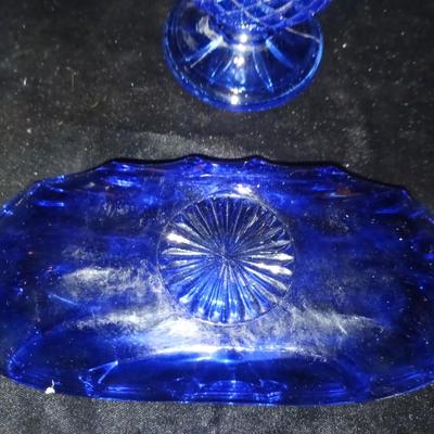 BLUE GLASS CANDLESTICKS, CREAMER AND RELISH DISH