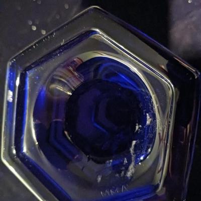 BLUE GLASS CANDLESTICKS, CREAMER AND RELISH DISH