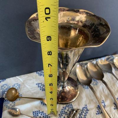 Large Silver Plate Lot Looking Glass Flatware Vase