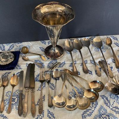Large Silver Plate Lot Looking Glass Flatware Vase