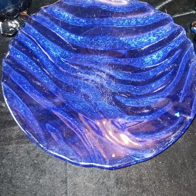 BLUE GLASS BOTTLES, PLATTER, CANDLE HOLDERS AND MORE