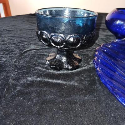 BLUE GLASS BOTTLES, PLATTER, CANDLE HOLDERS AND MORE
