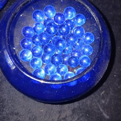 BLUE GLASS BOTTLES, PLATTER, CANDLE HOLDERS AND MORE