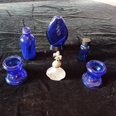 BLUE GLASS BOTTLES, PLATTER, CANDLE HOLDERS AND MORE