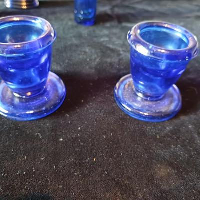BLUE GLASS BOTTLES, PLATTER, CANDLE HOLDERS AND MORE
