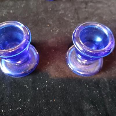 BLUE GLASS BOTTLES, PLATTER, CANDLE HOLDERS AND MORE