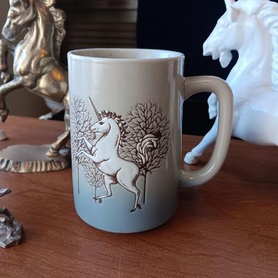 BRASS, CERAMIC & PEWTER UNICORNS PLUS COFFEE MUGS