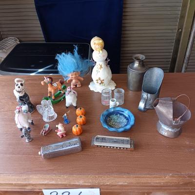 BRASS CONTAINER FROM INDIA, HARMONICA AND OTHER MISC ITEMS