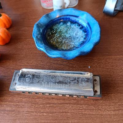 BRASS CONTAINER FROM INDIA, HARMONICA AND OTHER MISC ITEMS