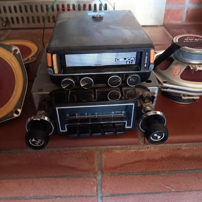 OLD SCHOOL AUTO 8-TRACK PLAYER, AM RADIO AND 2 SETS OF SPEAKERS