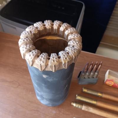 DIAMOND STUDDED CORE SAMPLE DRILLING BIT, RIFLE CLEANING ROD, DUCK CALL, HORN AND MORE