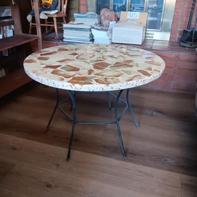NATURAL MARBLE MOSAIC TABLE ON A WROUGHT IRON FRAME