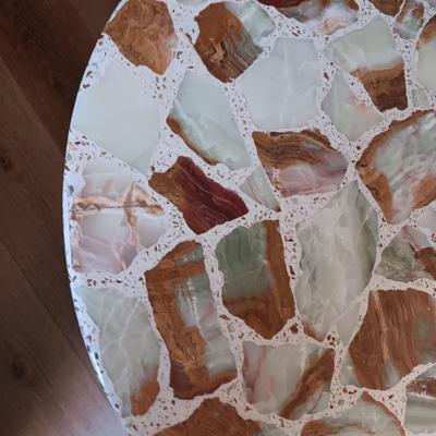 NATURAL MARBLE MOSAIC TABLE ON A WROUGHT IRON FRAME