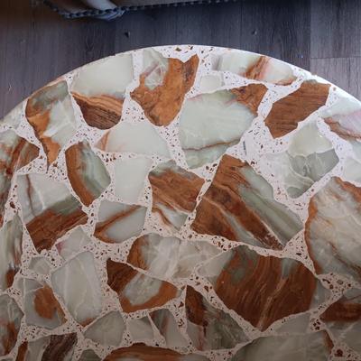 NATURAL MARBLE MOSAIC TABLE ON A WROUGHT IRON FRAME