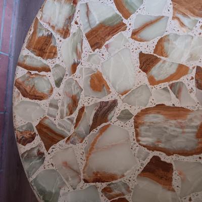 NATURAL MARBLE MOSAIC TABLE ON A WROUGHT IRON FRAME