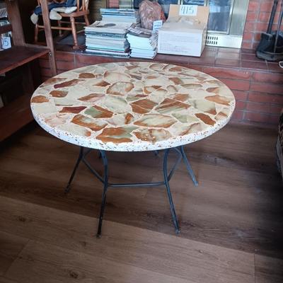 NATURAL MARBLE MOSAIC TABLE ON A WROUGHT IRON FRAME
