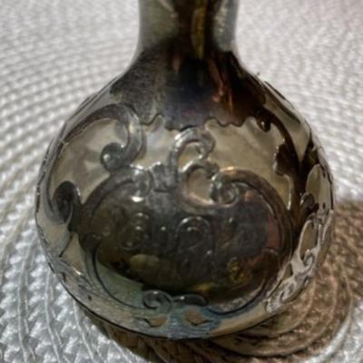 Antique Art Nouveau Perfume Bottle w/Stopper Sterling Silver Overlay on Clear Glass Monogrammed. (Stopper is Stuck On).