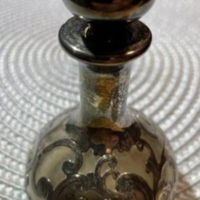Antique Art Nouveau Perfume Bottle w/Stopper Sterling Silver Overlay on Clear Glass Monogrammed. (Stopper is Stuck On).