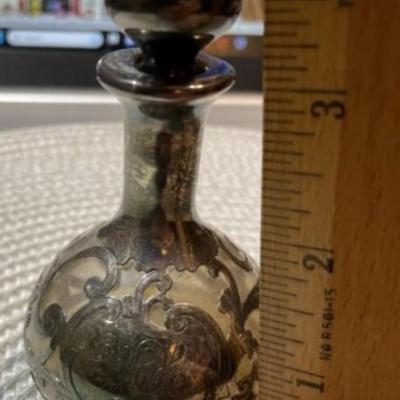 Antique Art Nouveau Perfume Bottle w/Stopper Sterling Silver Overlay on Clear Glass Monogrammed. (Stopper is Stuck On).
