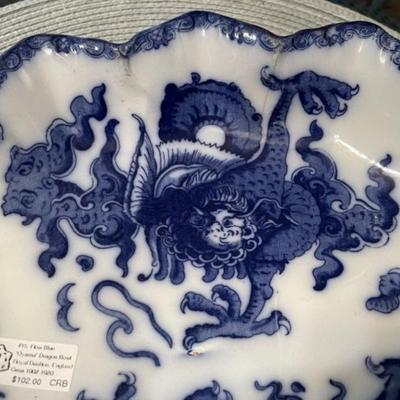 Antique "OYAMA" Flow Blue Dragon Bowl by Royal Doulton c1902-20 8.5" x 10" see Description.